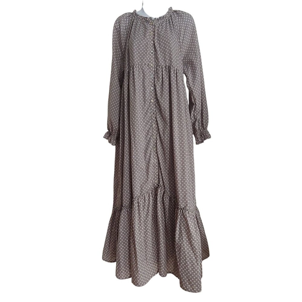 In Loom Grey Pilgrim Cottage Lagenlook Modest Button Down Soft Maxi Dress S
